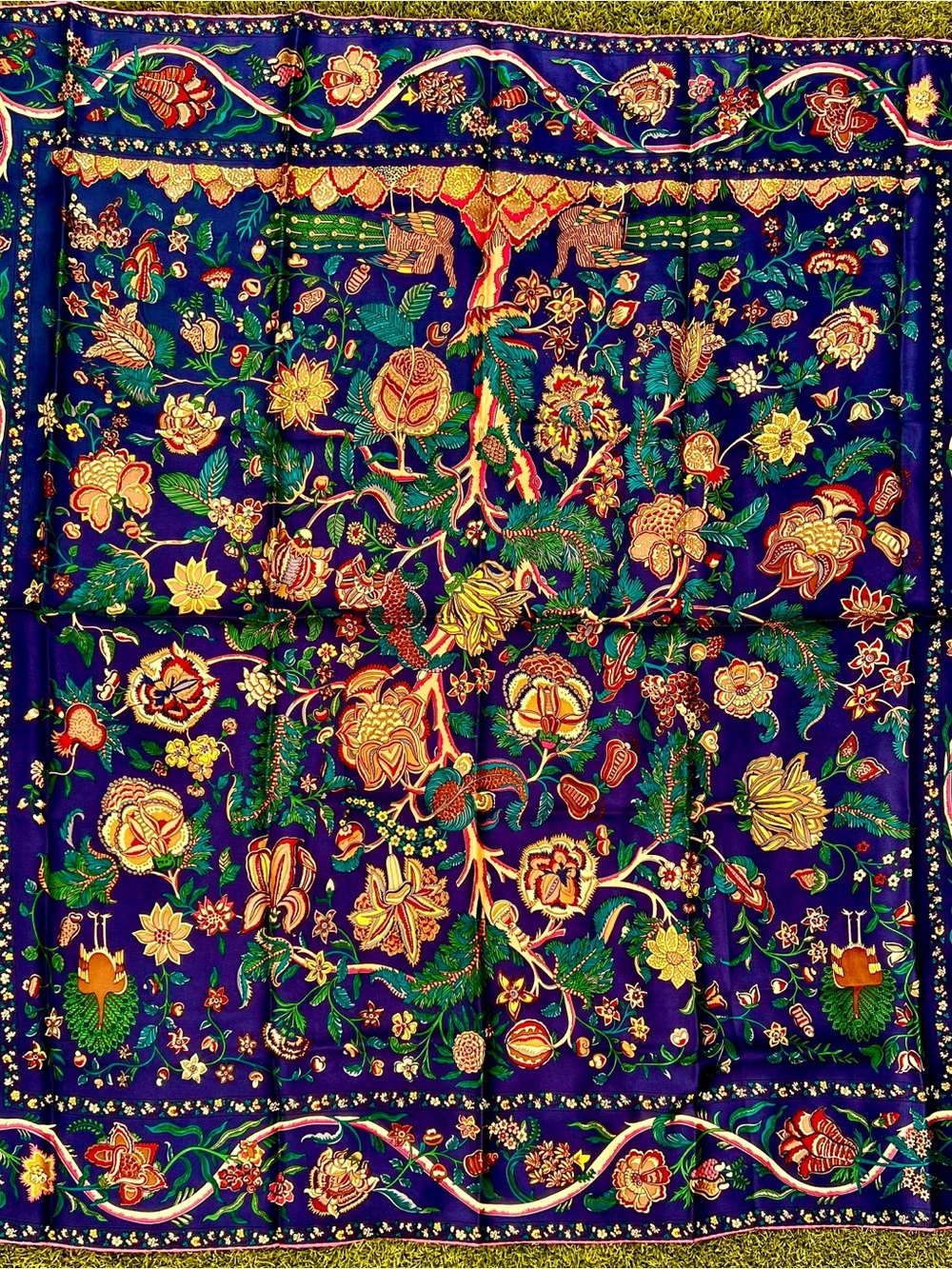 Floral Tapestry silk scarf in Deep Blue and Gold